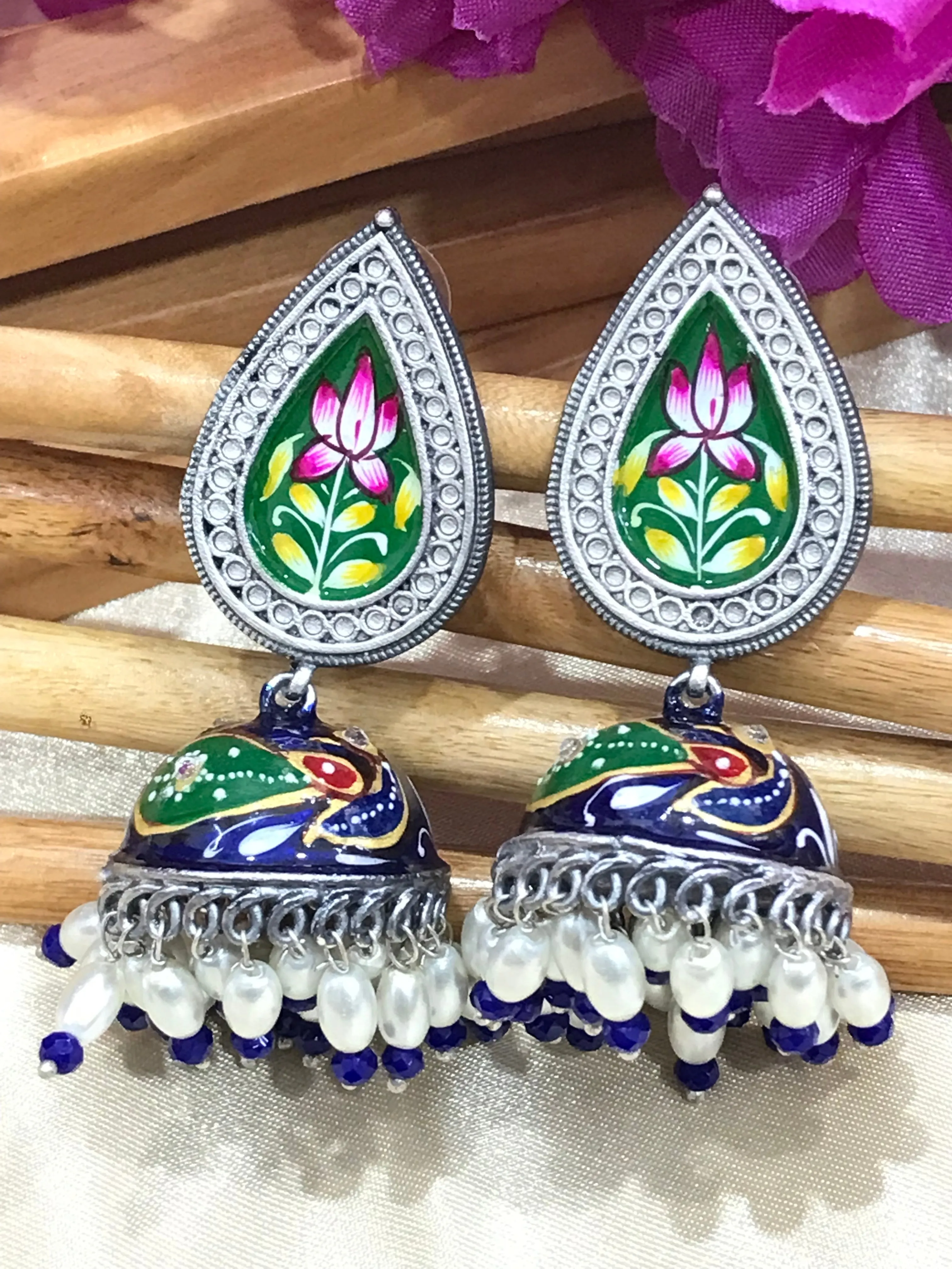 Trendy Blue Color Floral Silver Plated Oxidized Jhumka Earrings