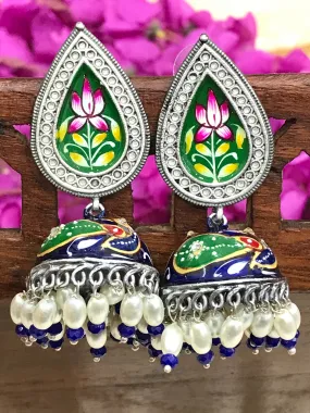 Trendy Blue Color Floral Silver Plated Oxidized Jhumka Earrings