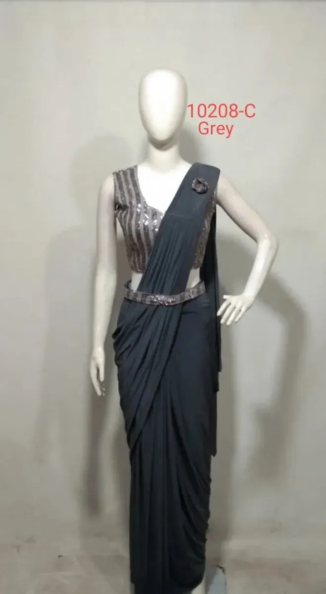 Trendy Grey Color Ready To Wear Lycra Designer Saree