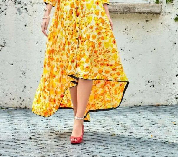 Trendy Yellow Color Mandarin Collared Printed Slub Rayon Dress