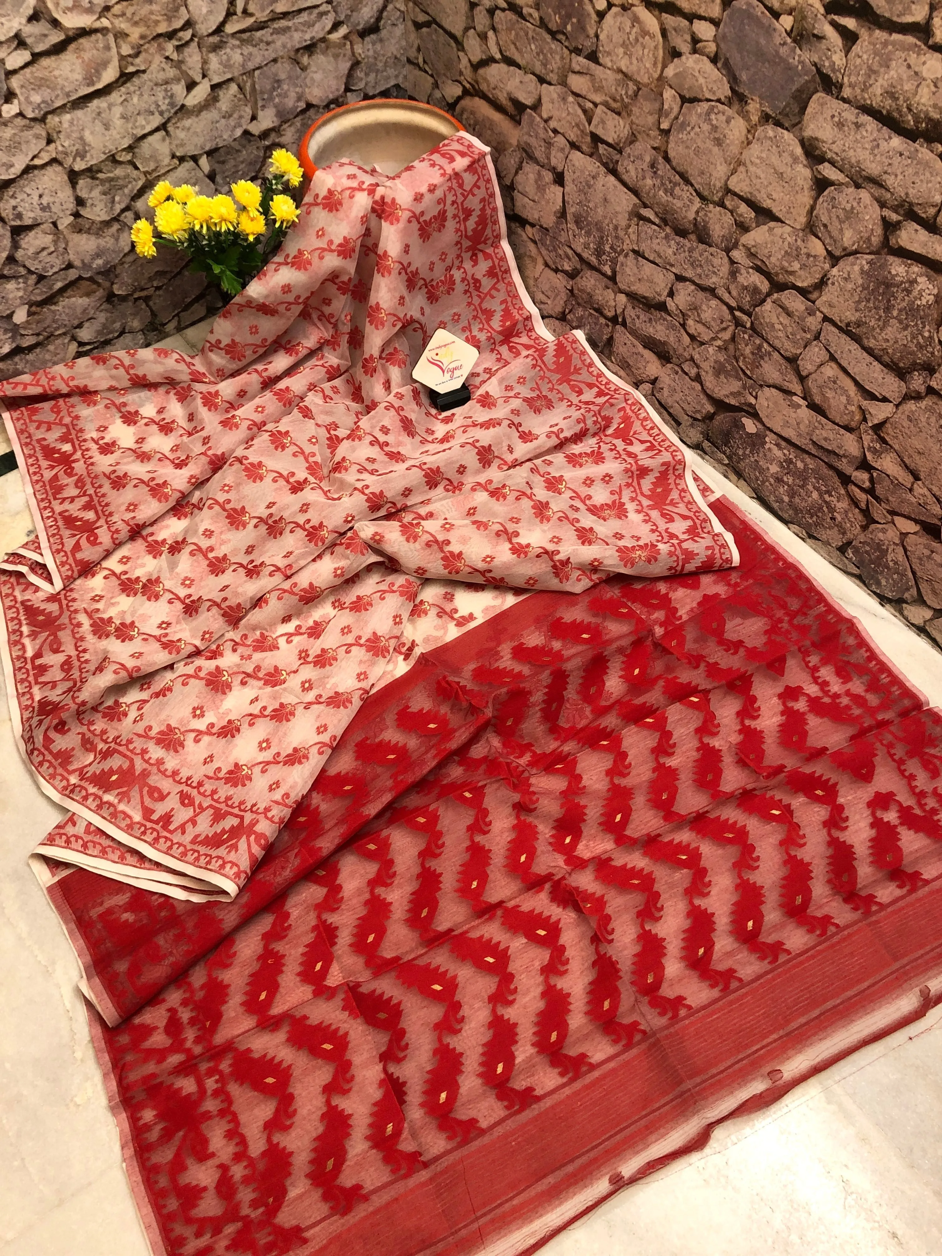 True White and Red Color Jamdani Saree