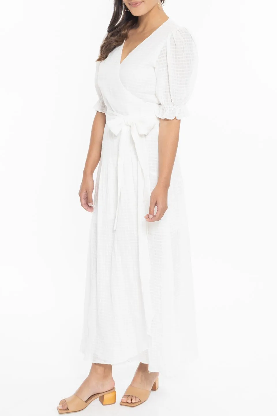 Willow White Textured Cotton Puff Sleeve Wrap Midi Dress