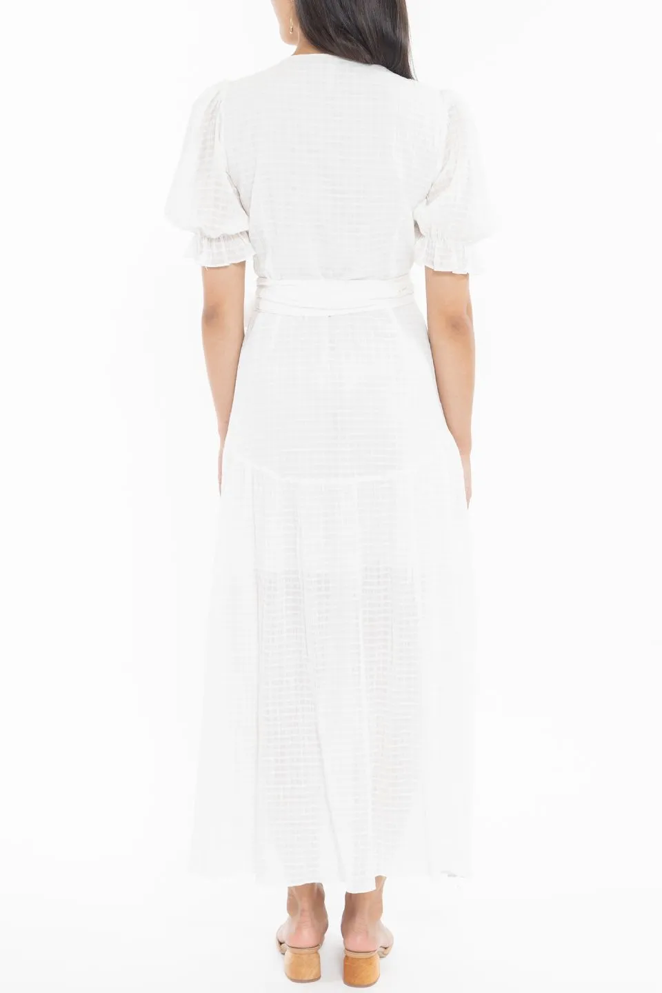 Willow White Textured Cotton Puff Sleeve Wrap Midi Dress